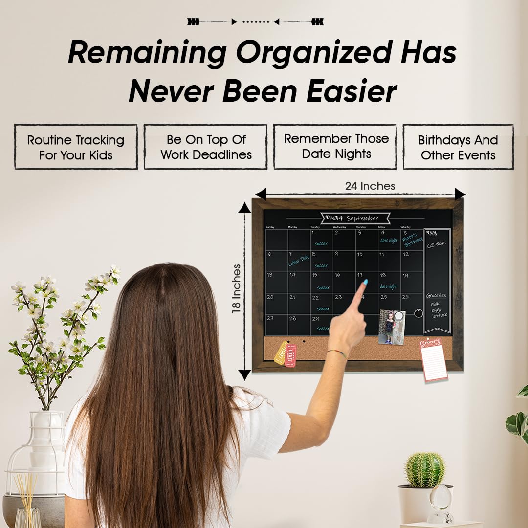 Loddie Doddie Chalkboard Calendar & Bulletin Combo - 18" x 24" Rustic Frame, with Chalk Markers, Push-Pins, Magnets, Blackboard - Kitchen Wall Calendar Organizer