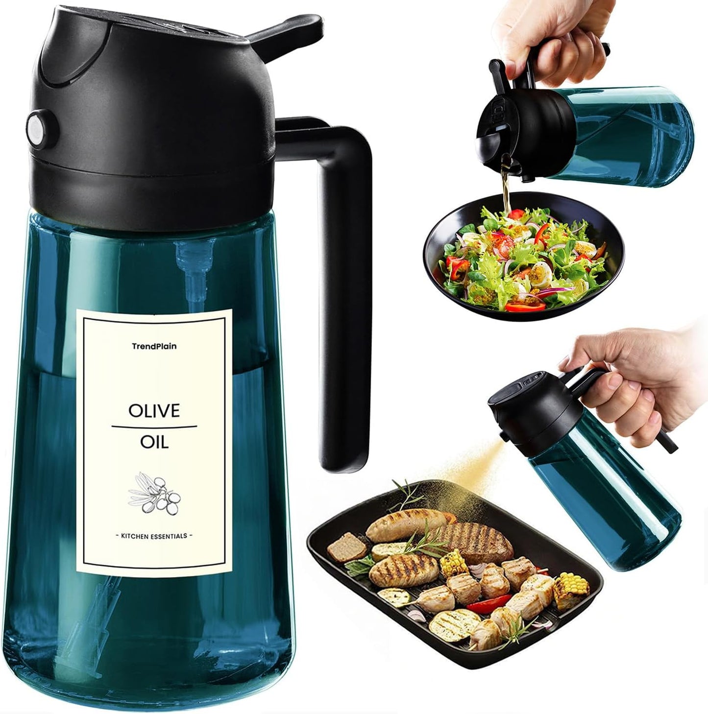16oz/470ml 2 1 TrendPlain Blue Glass Olive Oil Sprayer for Cooking - in Olive Oil Dispenser for Kitchen Gadgets, Air