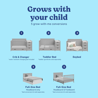 Graco Hadley 5-in-1 Convertible Crib & Changer – GREENGUARD Gold Certified, Fits Standard Crib Mattress, Converts to Toddler Bed and Full Bed, 4 Adjustable Mattress Heights (Pebble Gray)
