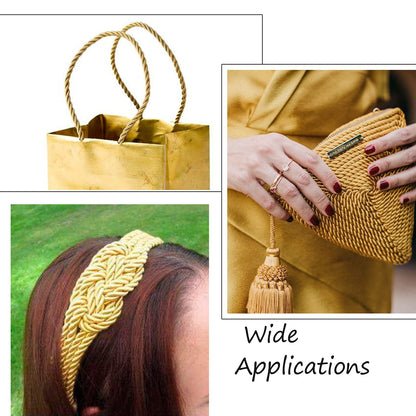 32 Yards 5mm Twisted Trim Cord Gold Polyester Twine Decorative Rope 3-ply Braided Fabric Macrame Thread String with Spool for Wall Hanging Plant Hangers Home Decor Customes Curtain Tieback