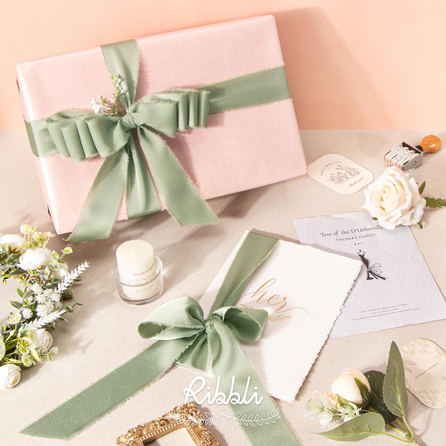 Ribbli Dusty Sage Green Silk Satin Ribbon 1.5 Inch x 30 Yard Handmade Frayed Chiffon Dusty Sage Ribbon for Gift Wrapping Wedding Invitations Bridal Bouquets Home Decor