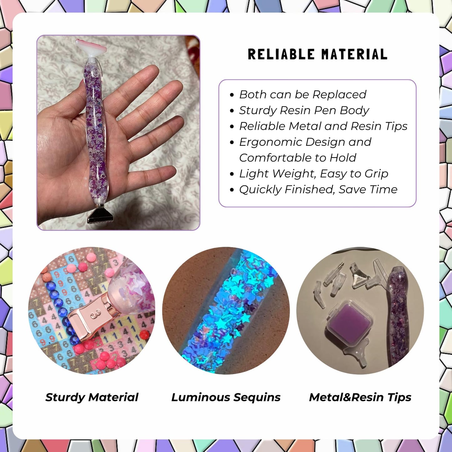 FOVIUPET 20pcs Diamond Painting Art Drill Pen Set, Resin Luminous 5D Point Drill Pen Tools with Metal/Resin Tips, Cross Stitch Diamond Rhinestone Beads Picker DIY Nail Art Embroidery Tools (Purple)