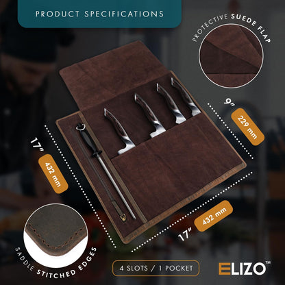 ELIZO Leather Knife Roll Chef Knife Bag Professional Chef Knifes Roll Bag Travel Storage Carrying Case Wrap Holder Sheath Kitchen Carrier Protectors Sleeve Tool Chefs Gift Grizzly