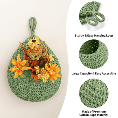 Boho Wall Hanging Fruit Baskets for Kitchen 3 Pack Woven Produce Holder with 6 Pcs Strong Hooks Vegetable Hanging Basket for Organizing Teardrop Home Wall Potato Onion Storage, Green