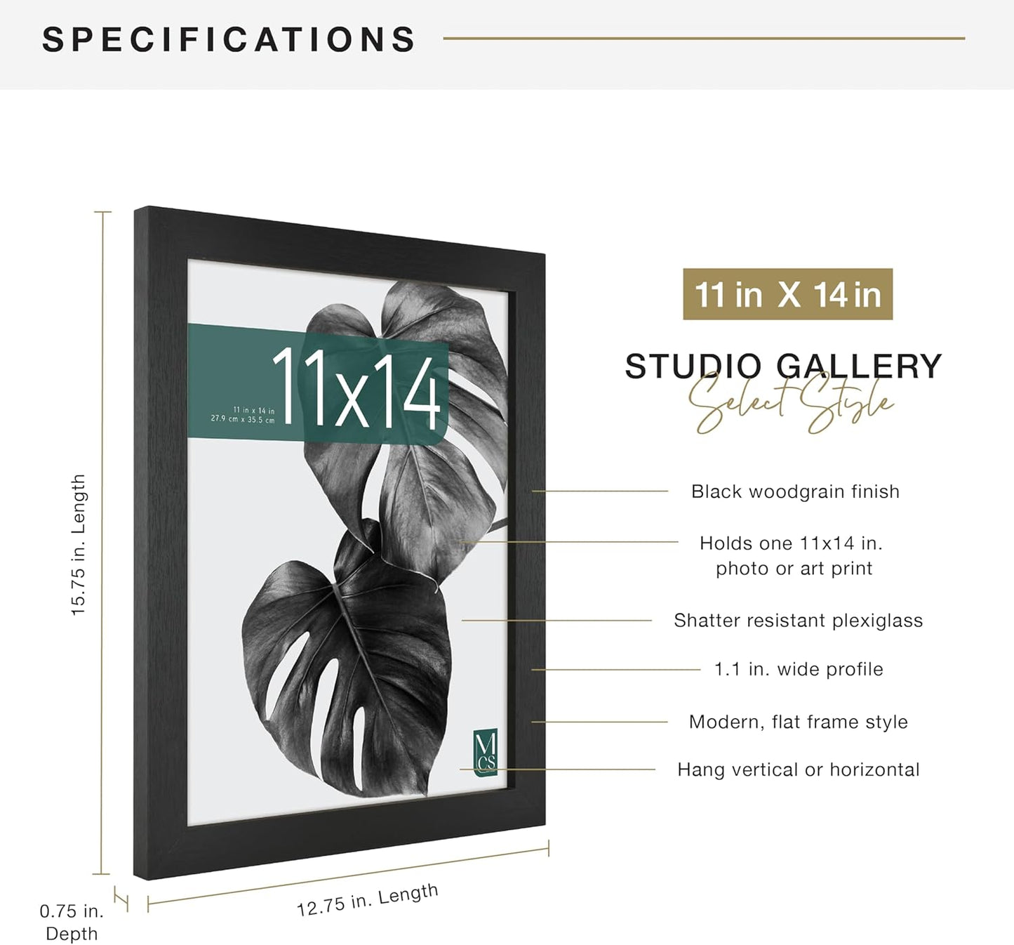 MCS Studio Gallery 11x14 Black Woodgrain Picture Frame, Rectangle Photo Frame for Photos, Posters & Art Prints (1-Pack)
