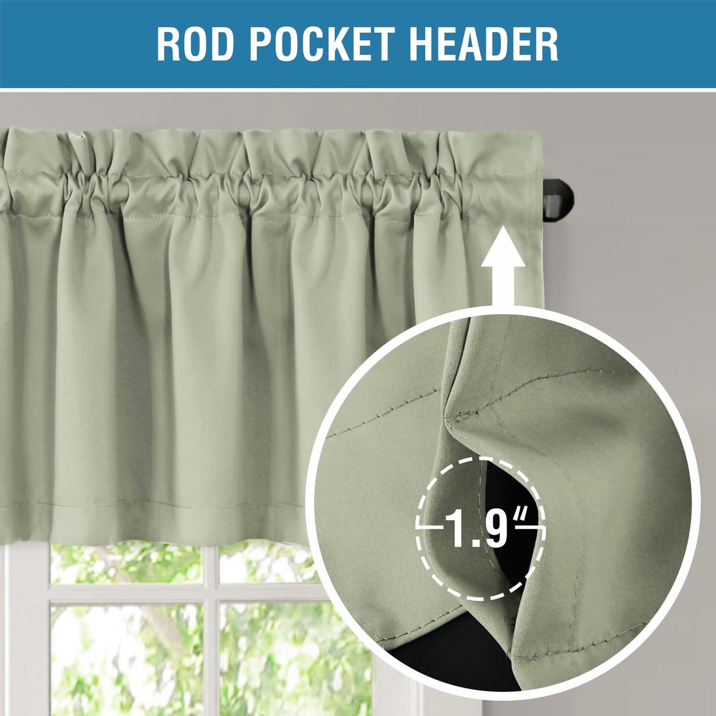 H.VERSAILTEX 100% Blackout Curtain Valances for Kitchen Windows/Bathroom/Living Room/Bedroom Thermal Insulated Rod Pocket Valances for Windows, 2 Pack, 52" x 18", Light Sage