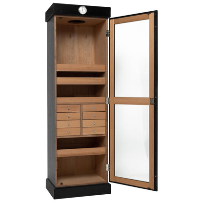 Humidor Supreme Black Tower Humidor with Adjustable Shelves and Drawers | Large Capacity Cigar Cabinet with Tempered Beveled Glass Door, Hygrometer, and Dried Spanish Cedar Lining - Holds 3000 Cigars