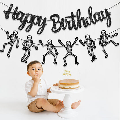 Skeleton Birthday Party Banner Halloween Party Decorations Dancing Skeleton Cutout Banner Glitter Black Skull Party Decoration for Halloween Holiday Celebration Supplies