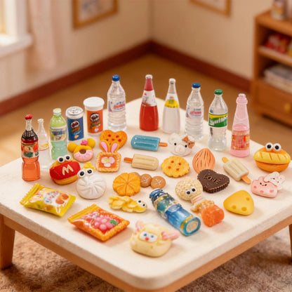 100pcs Miniature Food Drink Mini Brand Bottles Soda Pop Cans Cake Ice Cream Pretend Play Kitchen Game Party Accessories Toys for 1/12 Doll House Resin Food Figures Dollhouse Kitchen Decorations