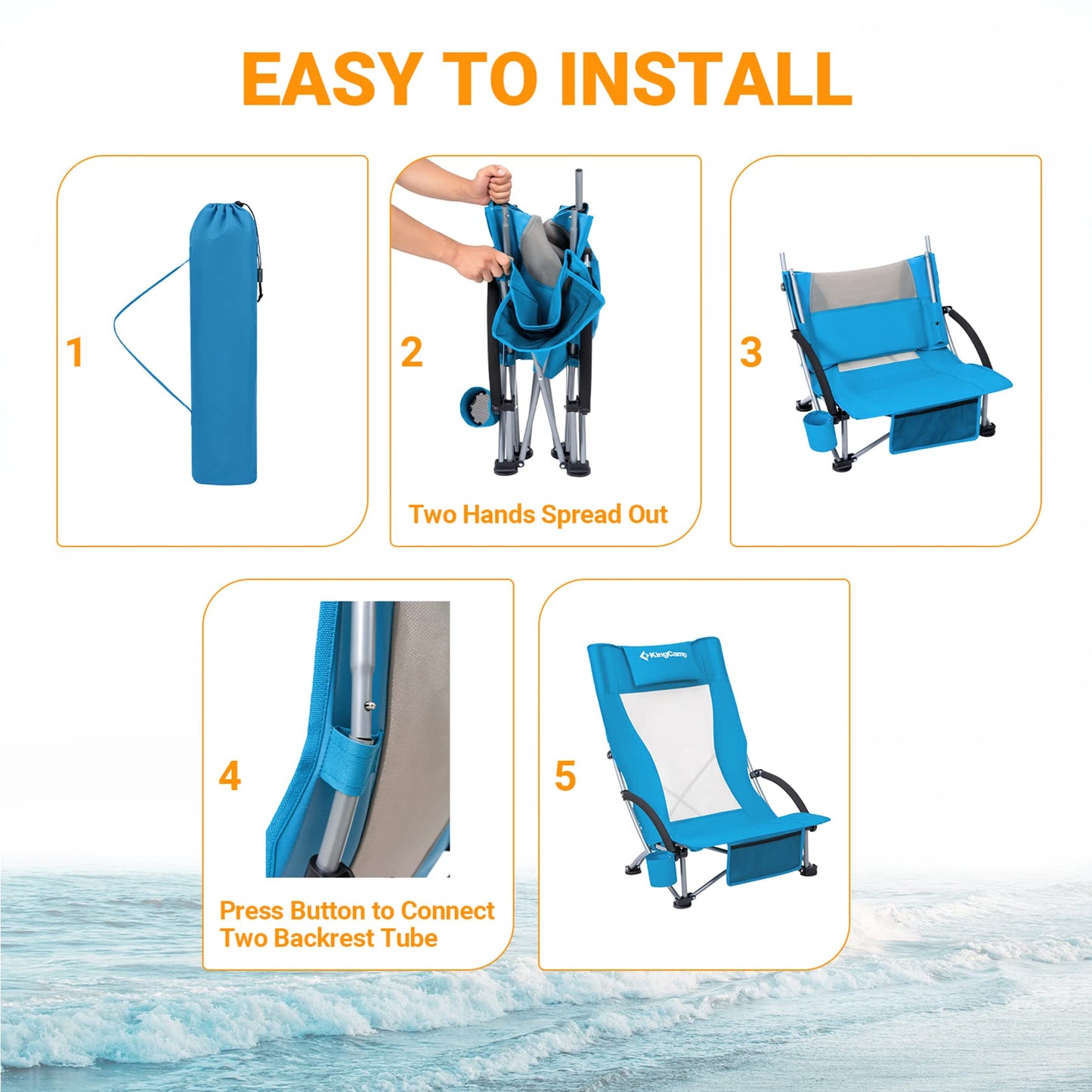 KingCamp Low Beach Chair, Folding Portable Chairs for Adults lightweight Extra Wide Ergonomic High Mesh Back Seat 300lbs Heavy Duty Oversized Gear with Carry Bag for Outdoor Lawn Camping Picnic