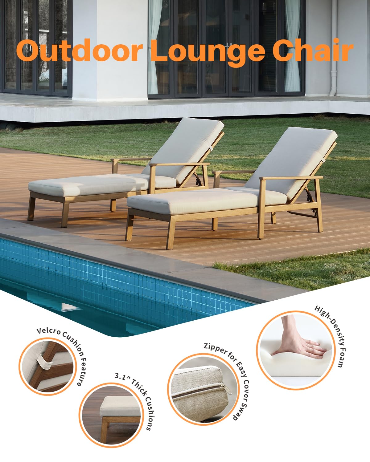 SEEHILL 2-Pack Teak Chaise Lounge Chairs, Never Rust Aluminum Outdoor Pool Lounge Chair Set with Gray Cushions, 6-Position Adjustable Patio Loungers, Outdoor Lounge Chairs for Poolside, Beach, Yard