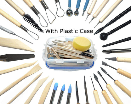 Augernis 57PCS Ceramic Clay Tools Set with Plastic Case Modeling Pottery Sculpting Tools Kits for Beginners Professionals Crafts Polymer Clay Club, Dotting, Ribbon Trimming
