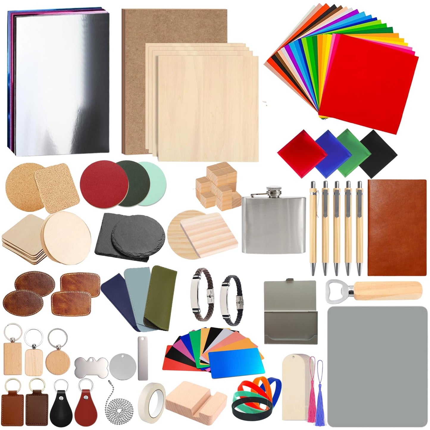 216Pcs Laser Engraving Material Kit, 27 Kinds Blanks for DIY Crafts Includes Wood, Acrylic, Metal, Fabric, Rock, PU Leather,Diatom Mud Blanks Material