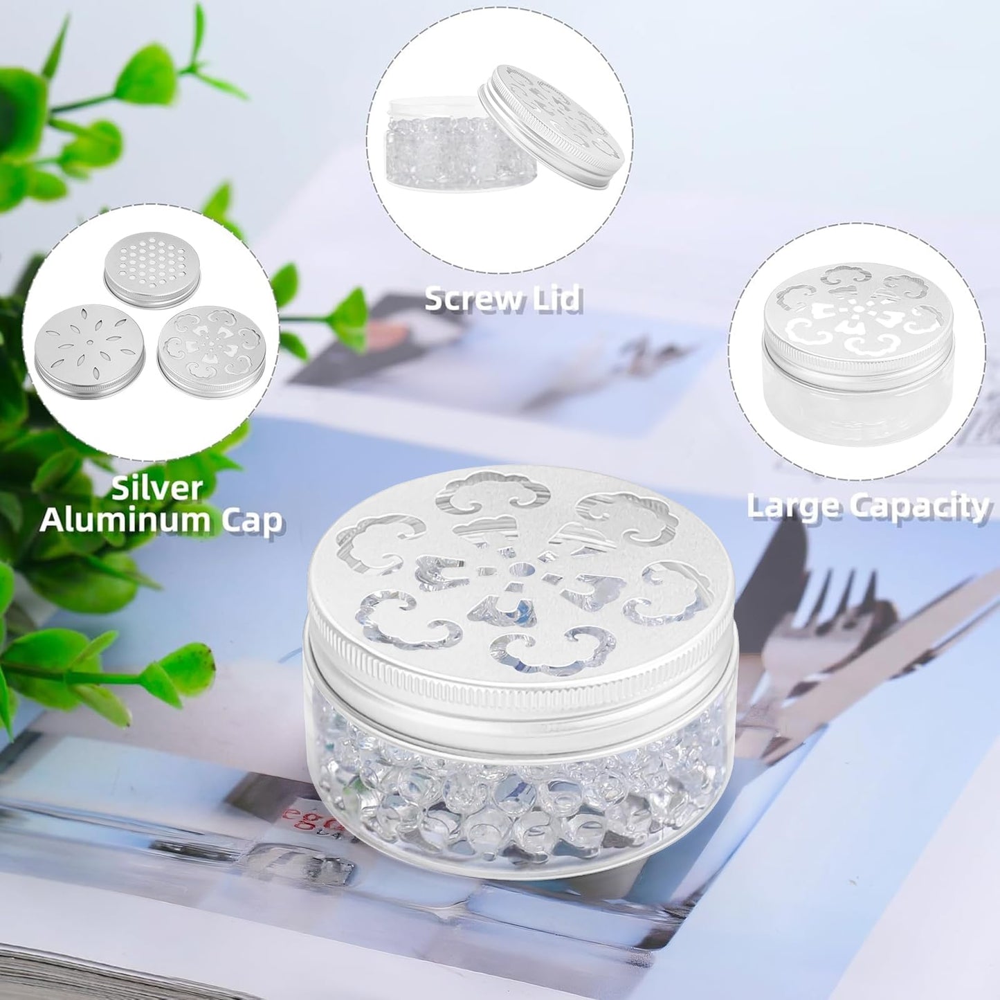 2.7 oz/80ml 3 Styles Empty Scent Beads Storage Container with Hollow Lids, Clear Storage Containers for Air Freshener Solid Perfume Aroma Diffuser, Small Round Jars Sample for Aromatherapy (12 PCS)