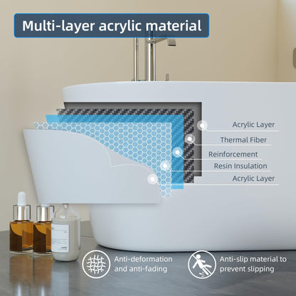 59 Inch Freestanding Bathtub Acrylic Free Standing Tub 59 Inch, Free Standing Tub with Chrome Drain & Overflow, Ergonomic Stand Alone Tub for Small Bathroom or Home Spa