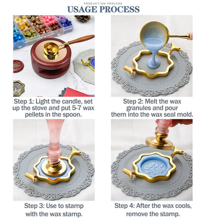 Wax Seal Stamp Kit with Gift Box, 672 Pcs Wax Seal Beads, 4 Pcs Wax Stamps, 2 Pcs Wax Seal Molds, Sealing Wax Warmer, Spoon, Mat, Metallic Pens, Candles, Wax Seal Kit for Craft Gift