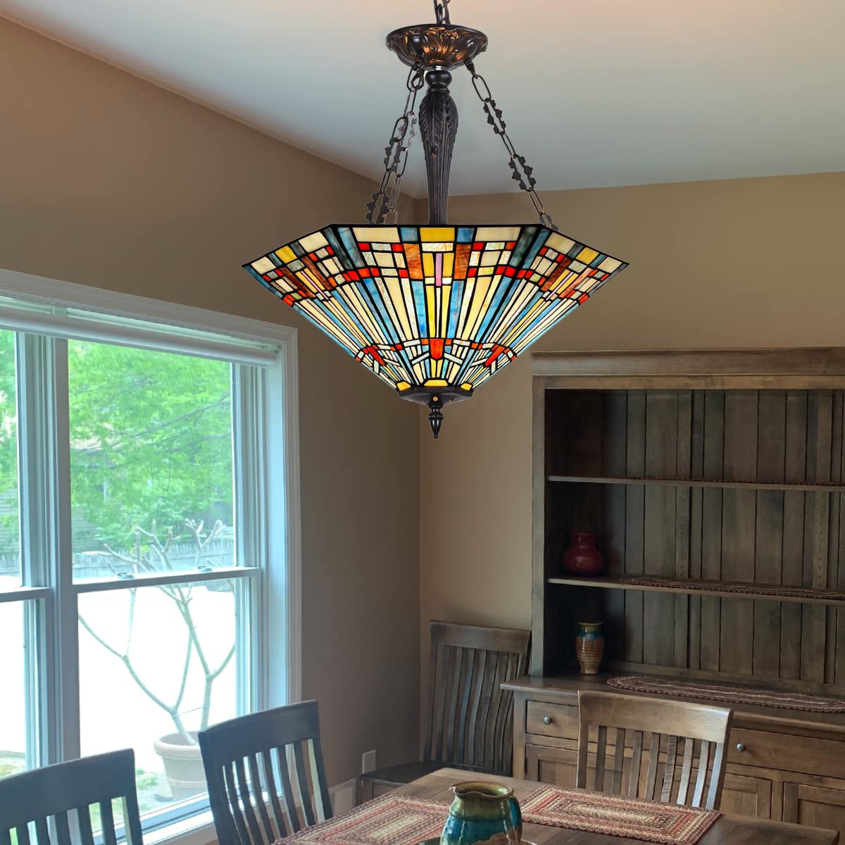 COTOSS Tiffany Pendant Light Fixtures,22" Wide Stained Glass Inverted Ceiling Pendant for Dining Room,Antique Style 3 Lights Hanging Lamp for Living Room Kitchen Entryway