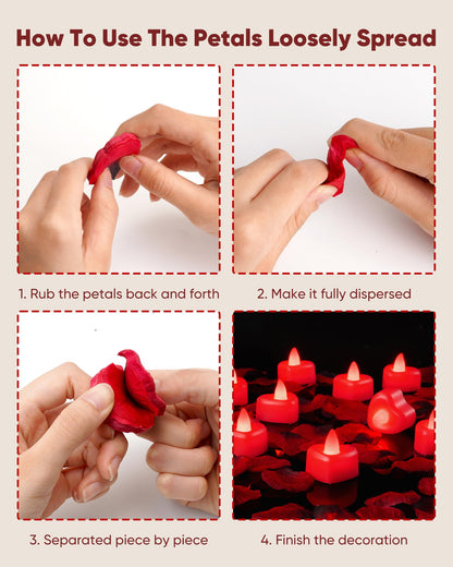 Amagic 2000 Pieces Red Artificial Rose Petals with 24 Red Heart LED Tea Lights, Rose Petals and Candles Set for Proposal, Anniversary, Romantic Night, Wedding Decor