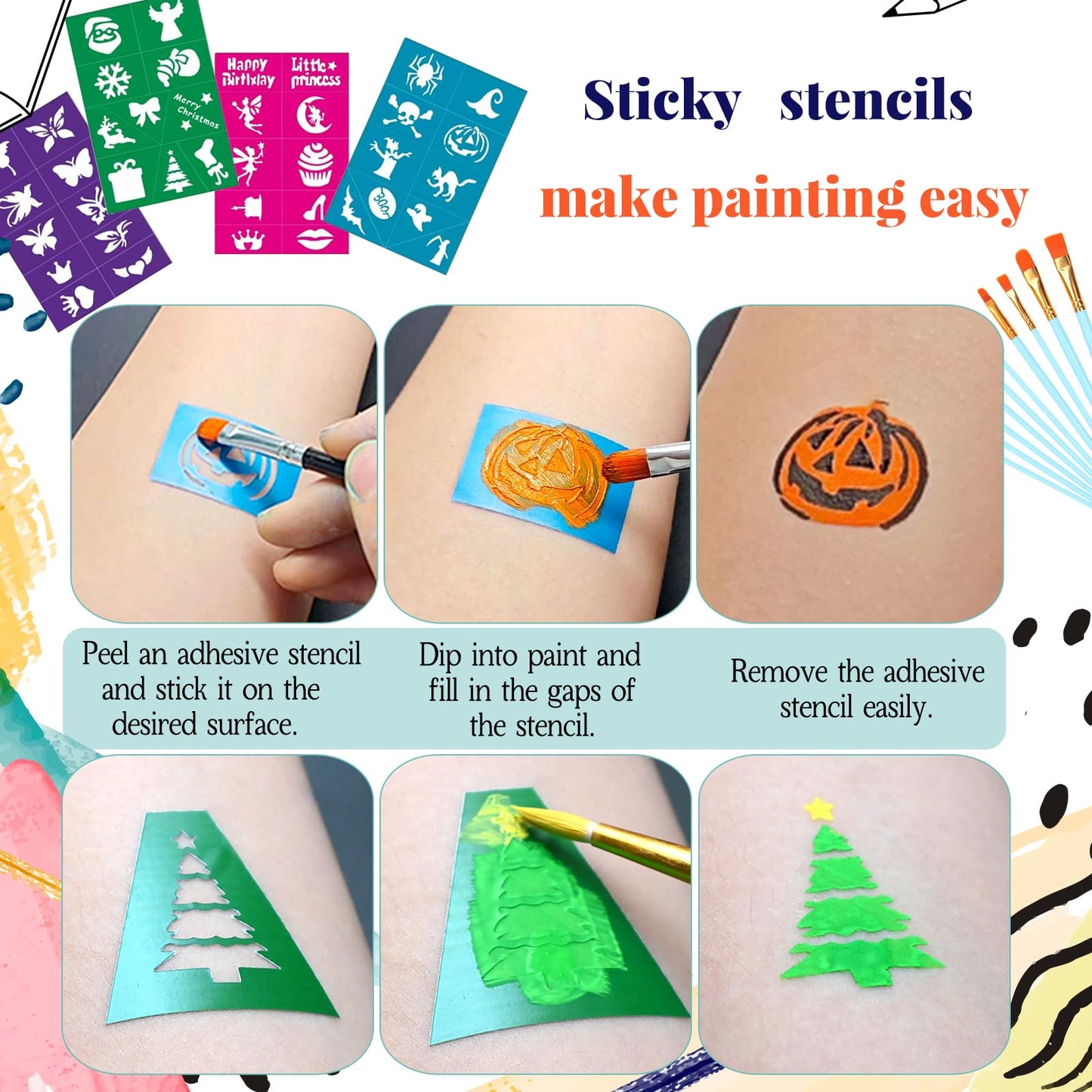 Face Painting Kit for Kids, 42 Colors Professional Face Paint Makeup Kit Non-Toxic Water Activated Facepaint Palette with Brush, Stencil, Sponge, Gem, for Party Halloween Christmas (42 Colors)