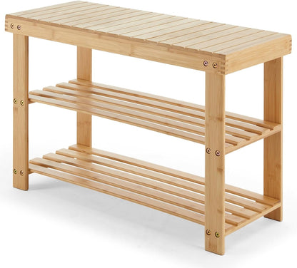 3-Tier 286 lb 11.3 27.6 18 Inches, DUMOS Shoe Rack Bench with Storage, Bamboo Entryway Benches, Wooden Shoe Rack Holds