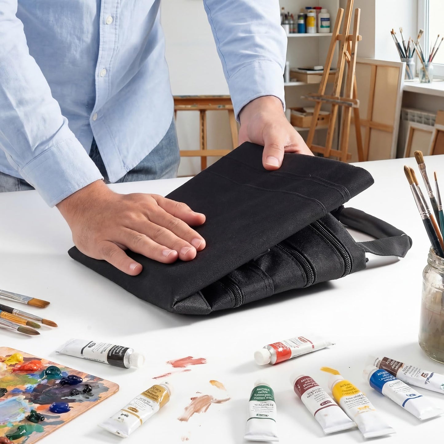 JusArt Art Portfolio Bag, 24x36 Foldable Light Weight Portfolio Folder Case with Adjustable Shoulder Strap, Leather Corners, Waterproof Art Bag for Artists and Adults for Artwork, Poster, Sketching