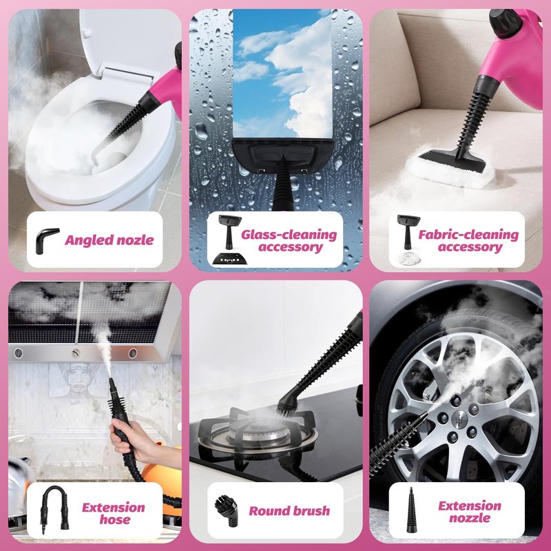 KIATO Handheld Steam Cleaner, Hand Held Steamer for Cleaning Home, Portable Pressurized Steamers for Upholstery Furniture Sofa Couch Floor Tile Grout Bathroom, Pink, SC23