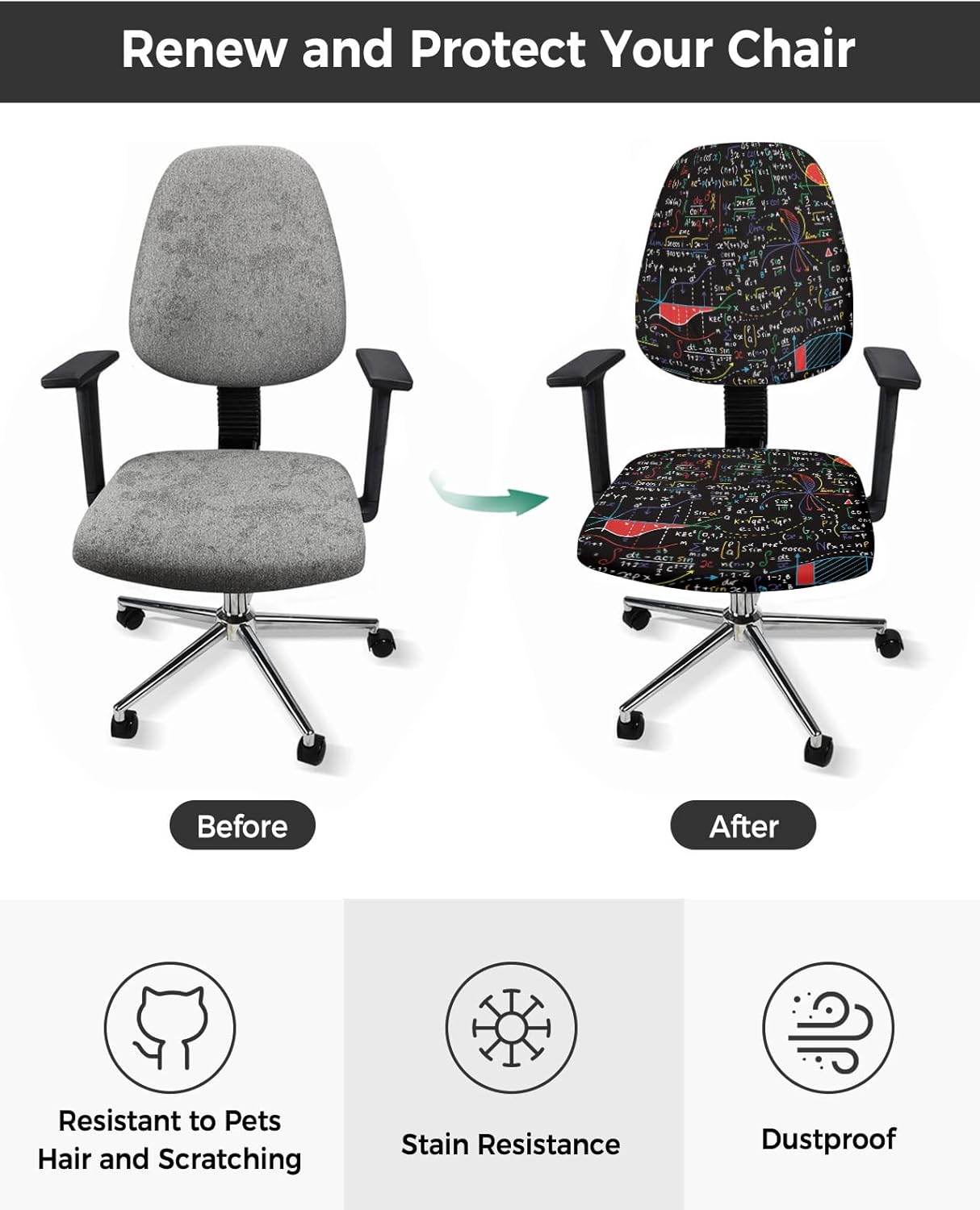 Office Chair Cover Education Protective Stretchable Universal Computer Chair Covers, Math Formula Doodle Slipcover