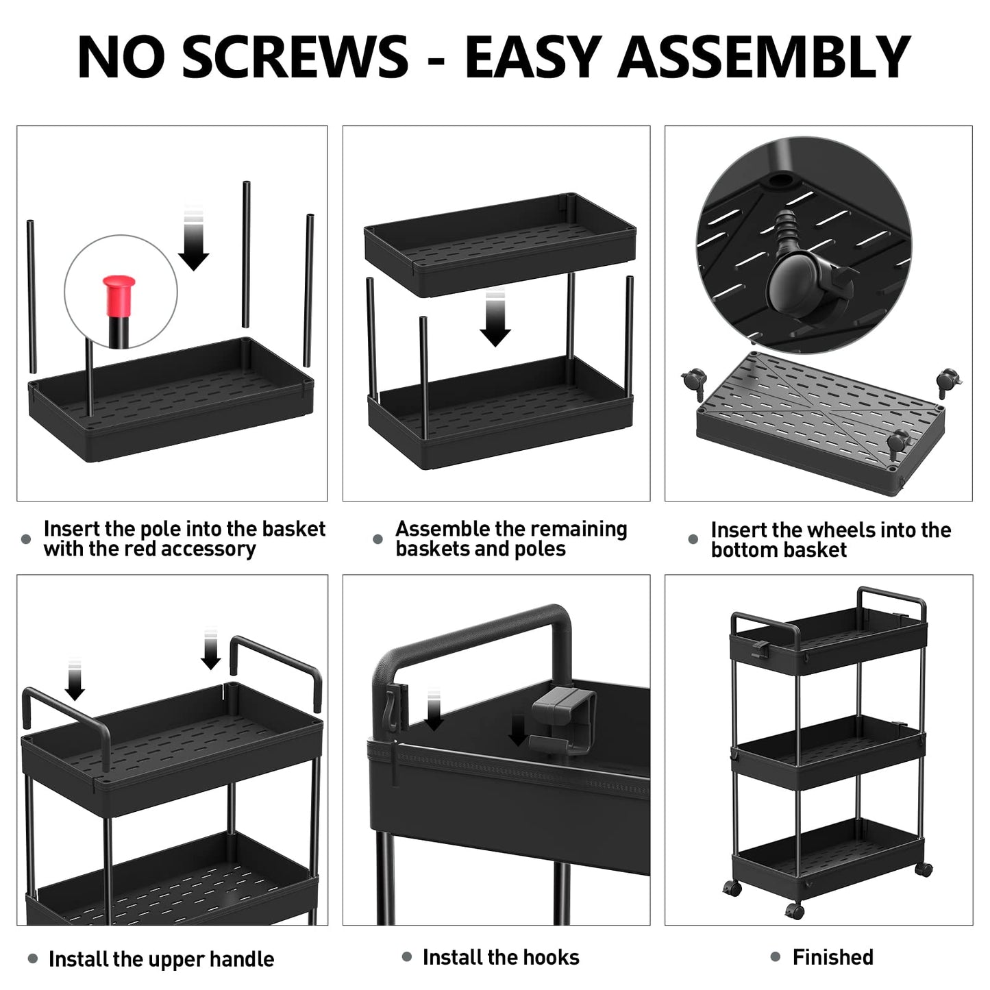 SOLEJAZZ 3 Tier Rolling Storage Cart with Wheels Slim Craft Nail Makeup Snack Art Baby Utility Cart Organizer on 2 Lockable Wheels for Bathroom Laundry Room Kitchen Bedside Narrow Spaces, Black