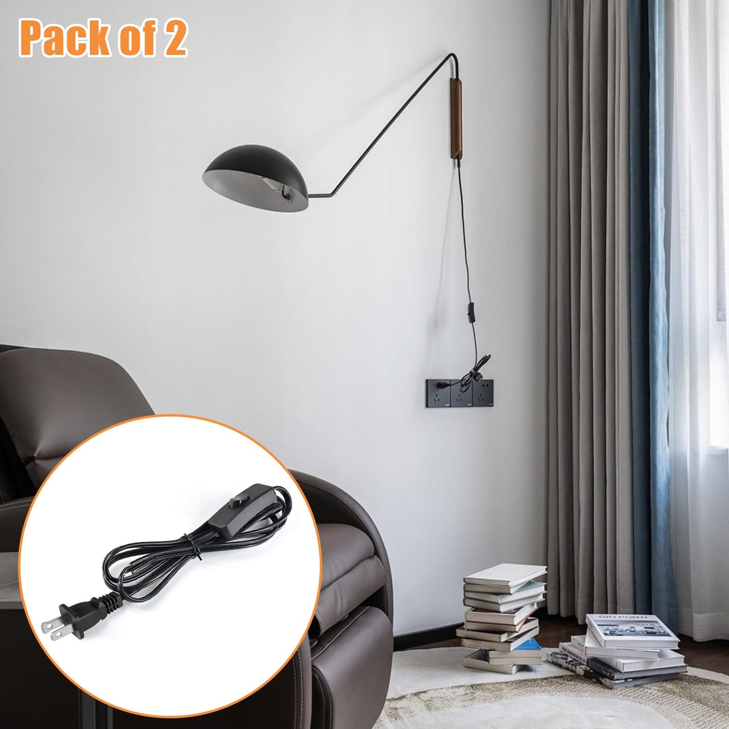 Asjeumt 2Pcs 8FT Lamp Cord with Switch Replacement Lamp Cord Switch Set with Plug 2 Polarized Black 18 AWG SPT-2 Wire ON OFF Button Switches 8 Feet DIY Rewiring Repairing Wiring Electrical Light Cords