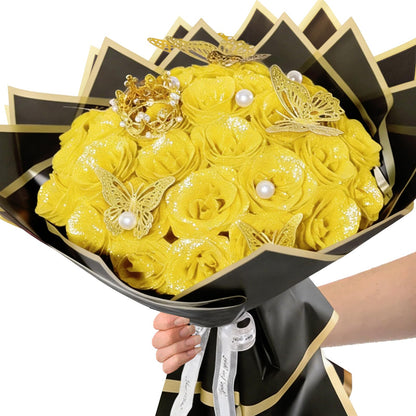 Yellow Glitter Roses Bouquet, 24 Pcs Shiny Glitter Flowers Bouquet, Everlasting Artificial Roses Bouquet for Mothers Day, Birthday, Anniversary, Wedding, Engagement, Christmas