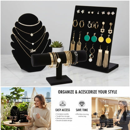 Fliqor 3 Pcs Black Velvet Jewelry Display Set, Necklace Bust Mannequin, T-Bar Bracelet Holder & L-Shaped Earring Rack, Jewelry Display Stand for Selling, Shows, Photography & Home Organization