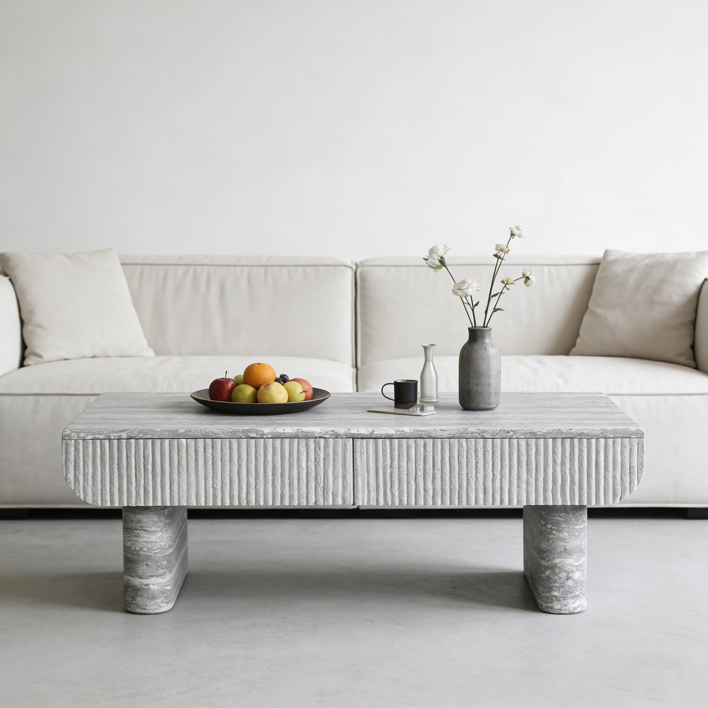 KEIKI 47" Coffee Table with Fluted Drawer, Oval Wood Coffee Table with Faux Marble Tabletop for Living Room or Office, Stylish Accent Table for Apartment or Studio, Beige Gray
