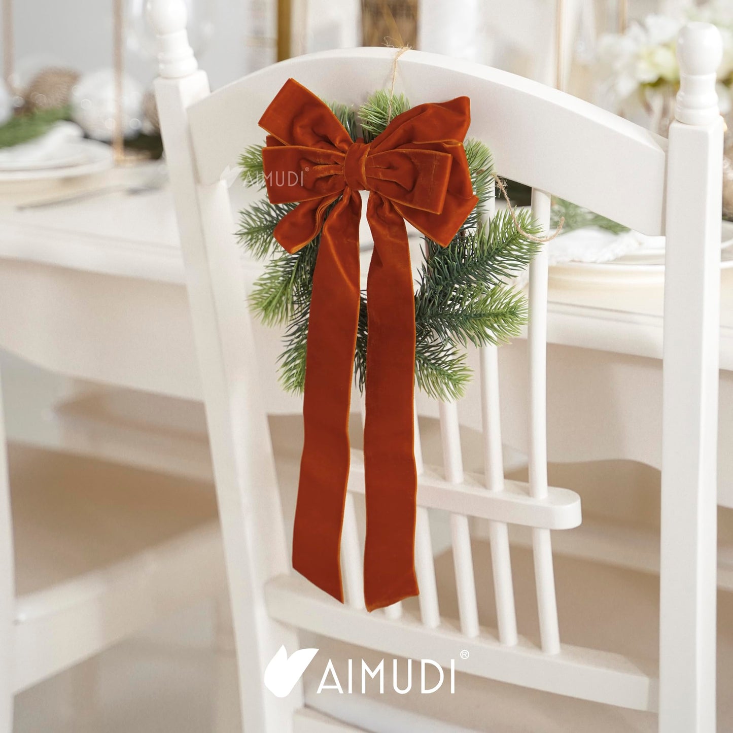 AIMUDI Orange Velvet Bows for Christmas Tree 6.5" x 15" Christmas Bows for Gift Wrapping, Holiday Crafts, Wreaths, Garlands, Staircase, Home Outdoor Winter Decorations, 2 PCs