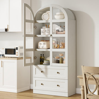 Garvee 72" Tall Dome Bookcase with Drawers, 4-Tier Wooden Bookshelf Cabinet with Glass Door, Farmhouse Arched Cabinet with Display Shelves, Wood Bookcase for Home Office, Living Room, Rustic White