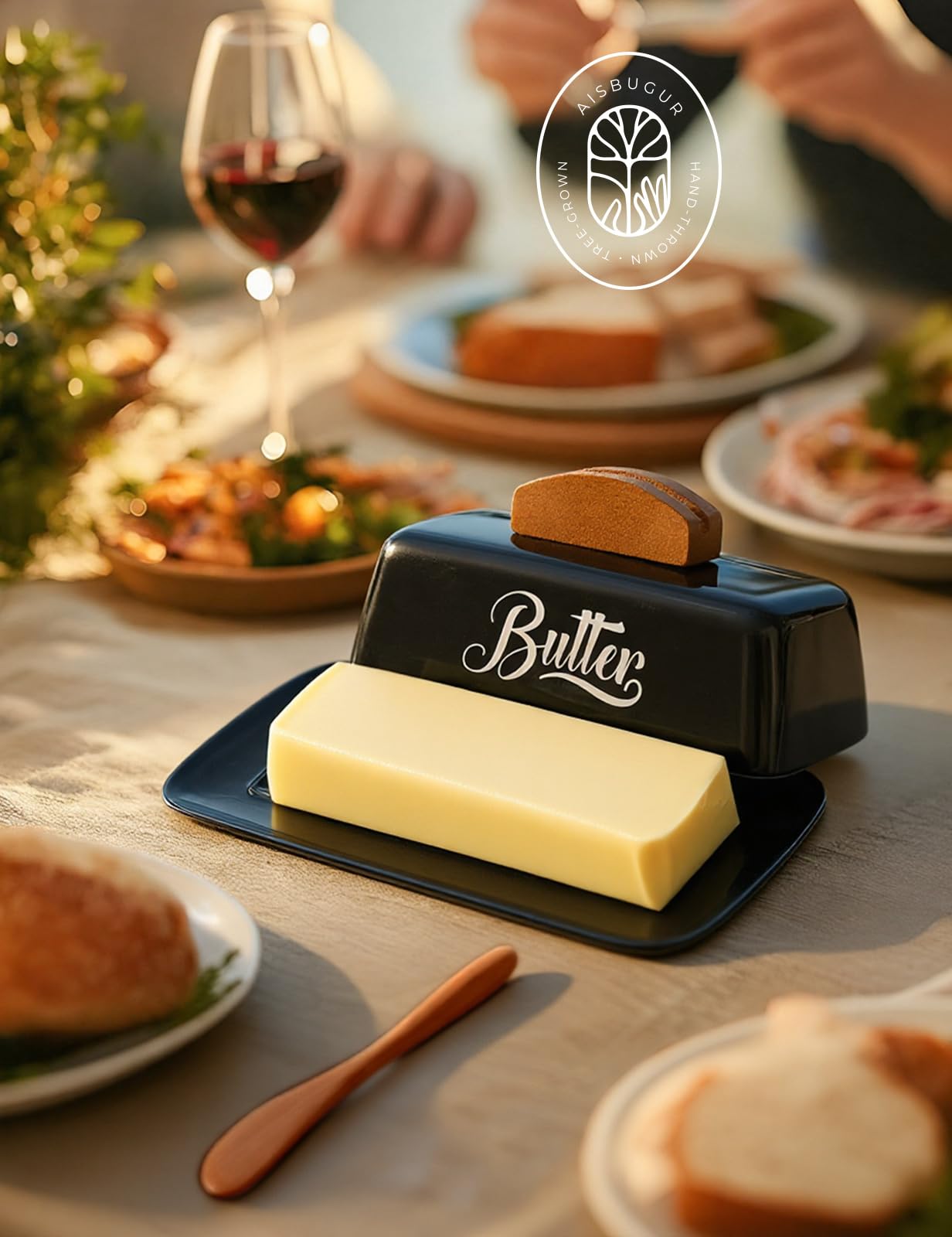 Black Butter Dish with Lid and Knife，Black Butter Tray，Ceramic Butter Holder for Counter Humanized Clamp-able Knife Handle Design Perfect for East West Coast Butter