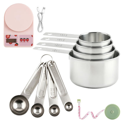 Measuring Tools and Scales, 8 PCS Measuring Cups and Spoons Set, Kitchen Food Scale with Tare Function, Digital Grams and Ounces, Retractable Dual Sided Tape Measure, Ideal for Baking and Cooking