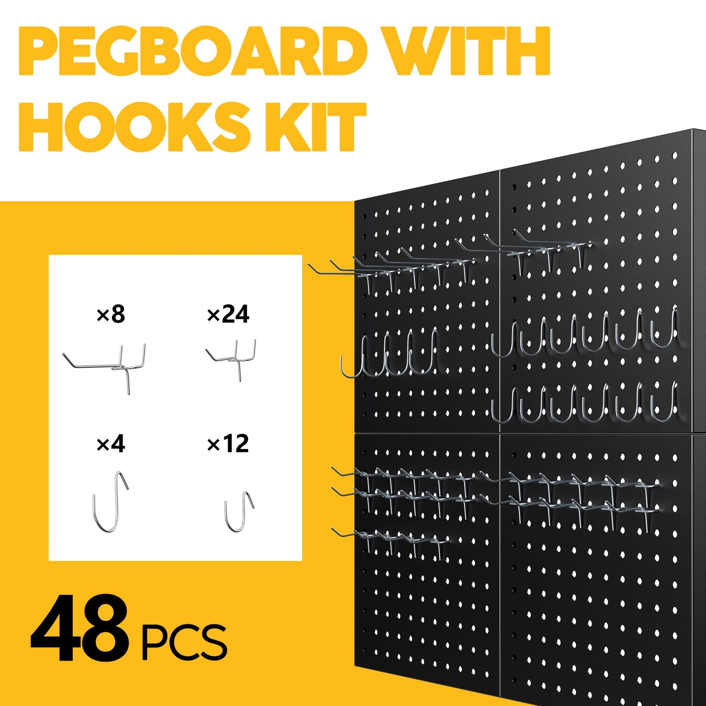 Peg Board - Metal Pegboard with 48 Hooks, Heavy Duty Wall Mount Metal Grid Panel for Garage Organization & Tool Storage, Rustproof, Easy to Install, Compatible with Standard Organizer Accessories