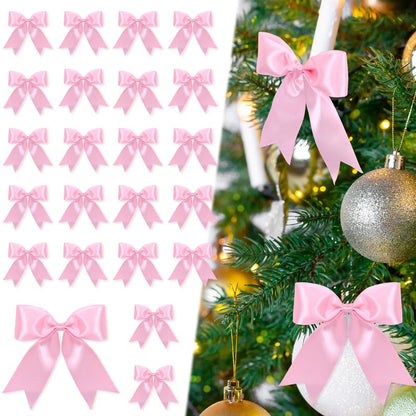 24 Pcs Pink Satin Ribbon Bows Christmas Tree Decorations, Christmas Wreath Bow Topper for Xmas Gift Packaging Home Wreath Fence Fireplace Wedding Party Decor