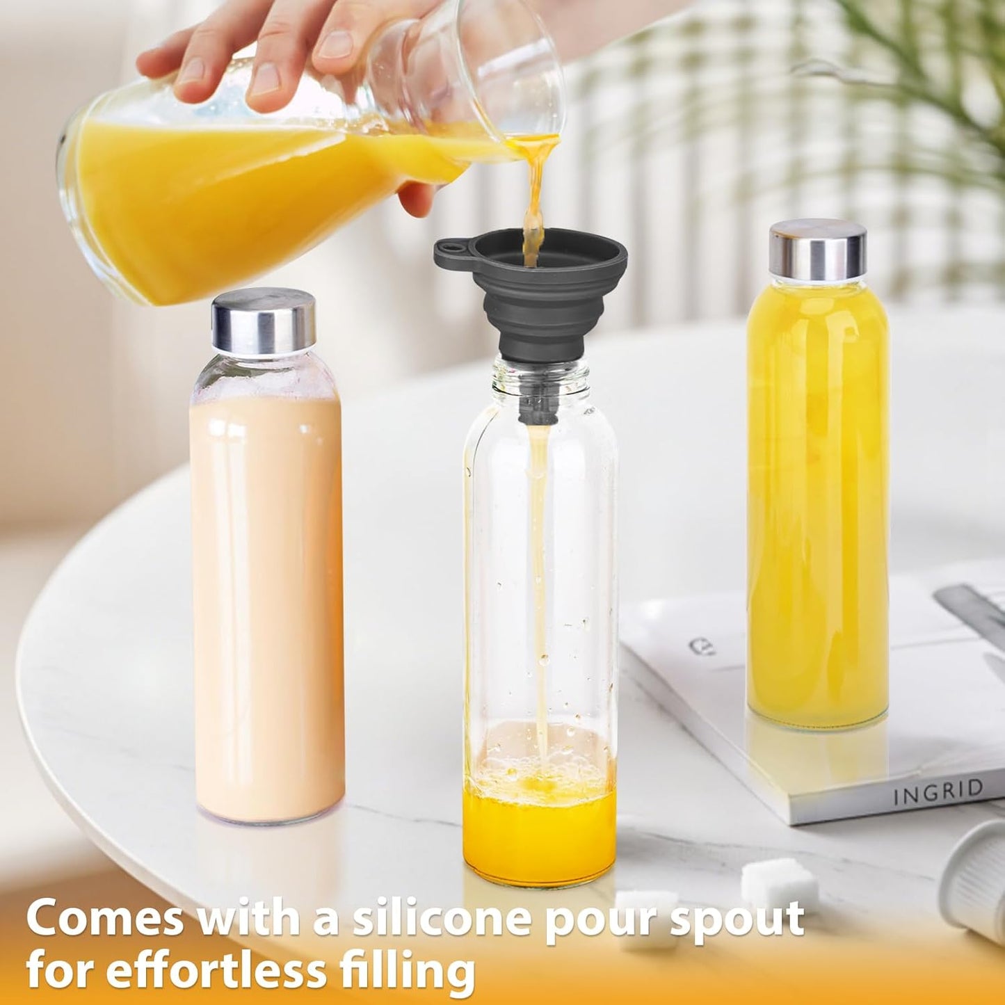 18 oz (6-Pack, PROBTTL Glass Juice Bottles with Lids Refillable Clear Glass Water Bottles with Stainless Steel Airtight