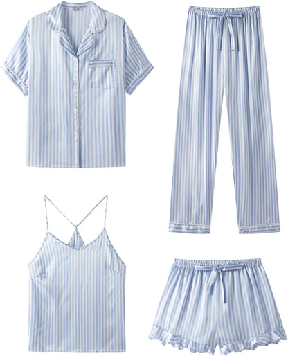 SAPJON Silk Pajamas for Women Set 4Pcs Ruffled Satin Pajamas Set Button Down Short Sleeve Cami Shorts Sleepwear Pj Set