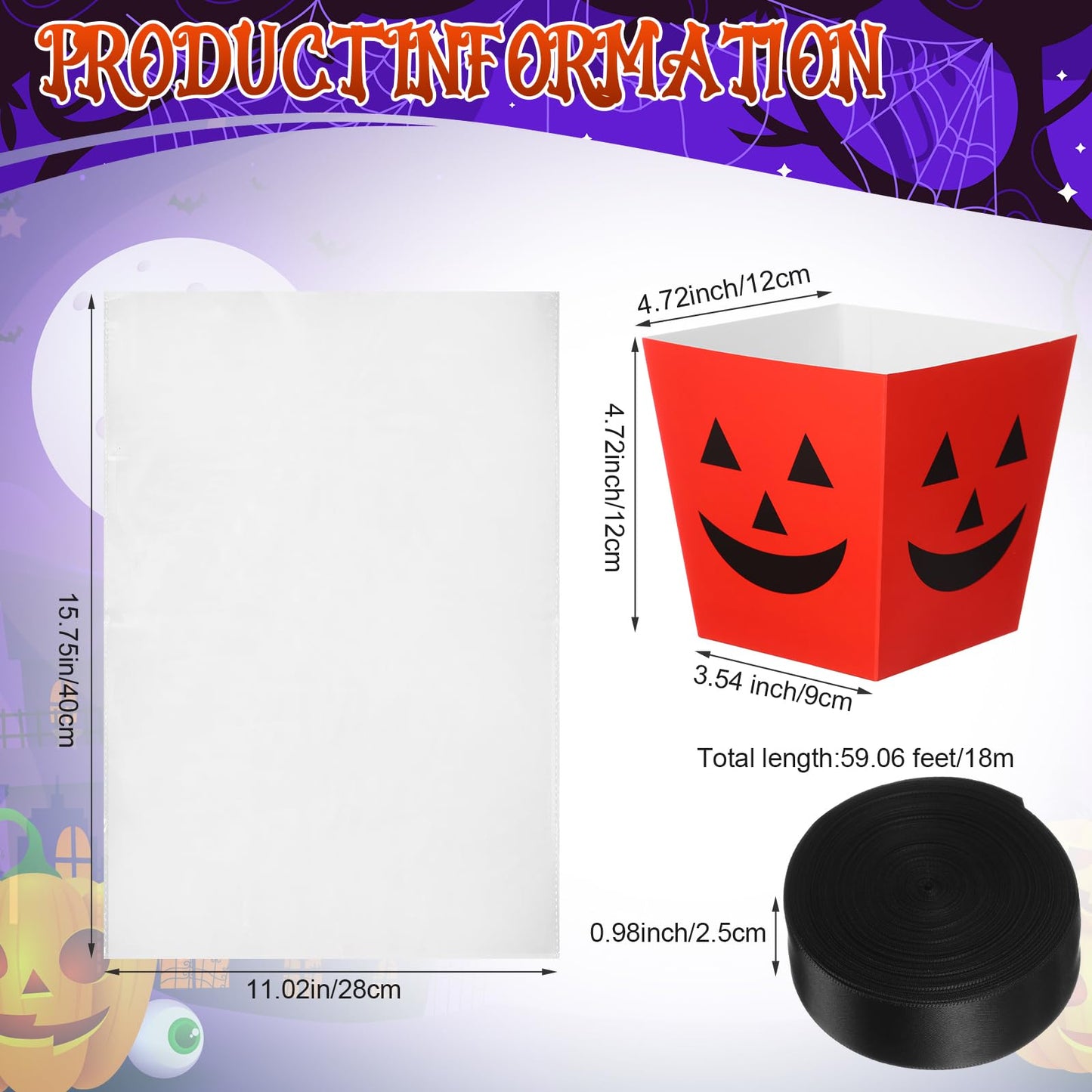 Pajean 24 Sets Halloween Popcorn Boxes with Cellophane Bags and Ribbon, 4.72''x 4.72''x 3.54'' Cardboard Paper Snack Treat Goodie Gift Cookies Candy Boxes for Trick or Treat Halloween Party Favors