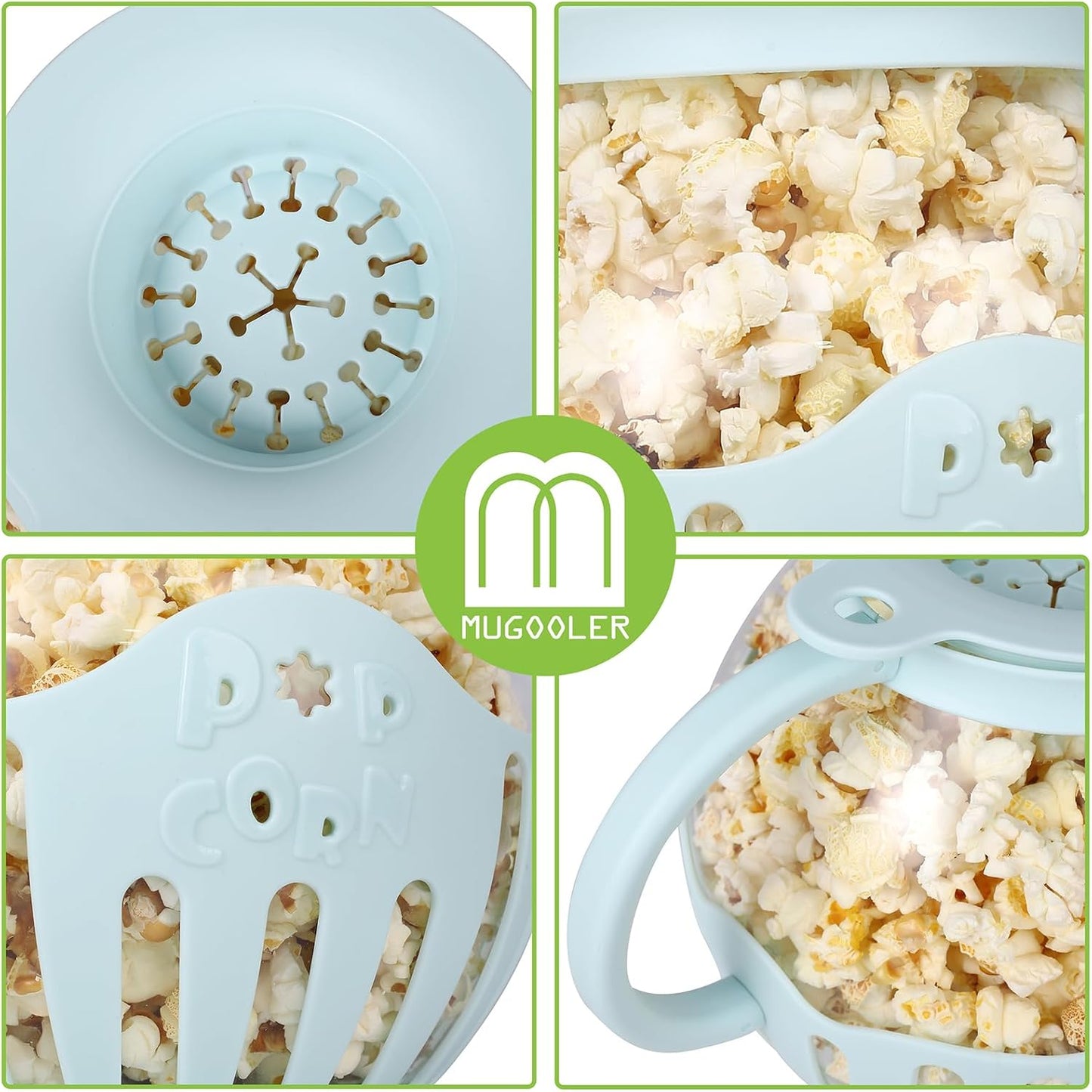 MMUGOOLER Glass Microwave Popcorn Popper, 2.25QT Original Popcorn Jar with Silicone Lid, Blue
