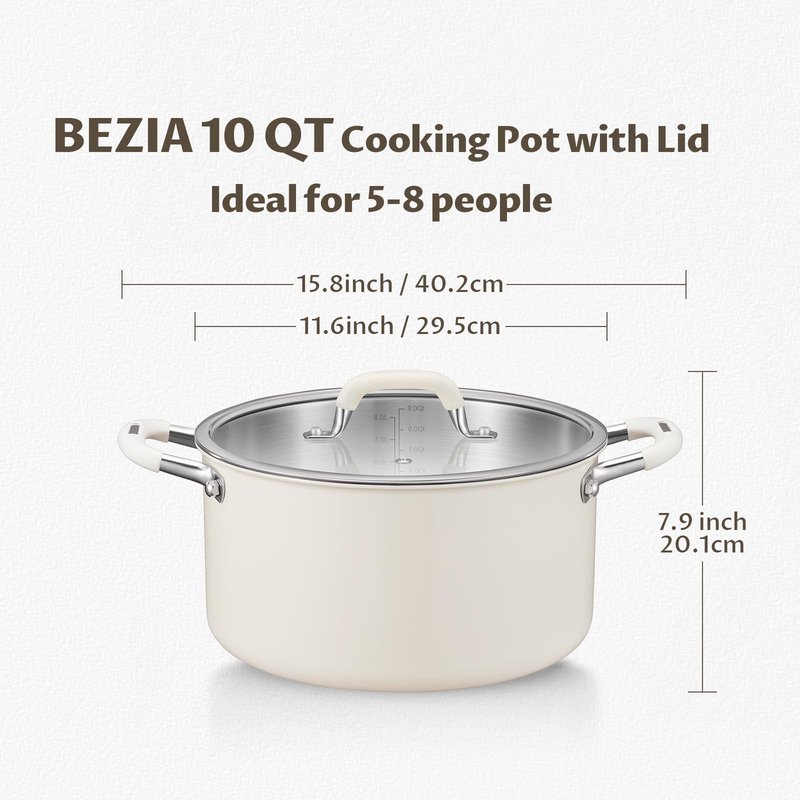 10 Quart Nonstick Stock Pot with Lid, BEZIA Fully-Clad 3-Ply Stainless Steel Pots, Induction Soup Pot with Lid, Kitchen Cooking Pots with Silicone Handle, for All Cooktops, Free of PTFE/PFOA/PFOS