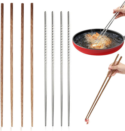 4 Pcs Long Cooking Chopsticks, Reusable Stainless Steel and Natural Wooden Extra Long for Hot Pot Cooking