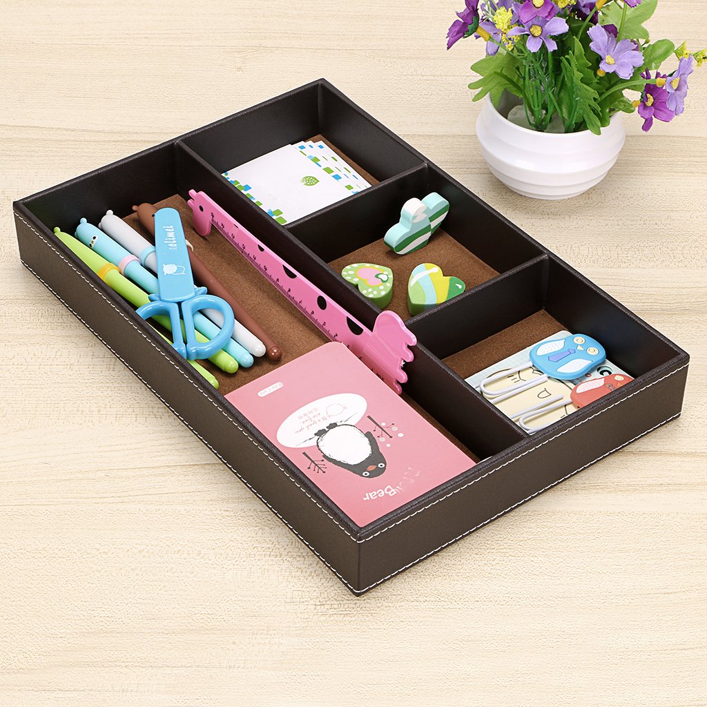 BTSKY 4 slots Desk Drawer Organizer, PU Leather Drawer Storage Organizer Divider for Office Desk Supplies Value Collection and Accessories Multi-Purpose Storage Desktop Organizer Tray(Brown)