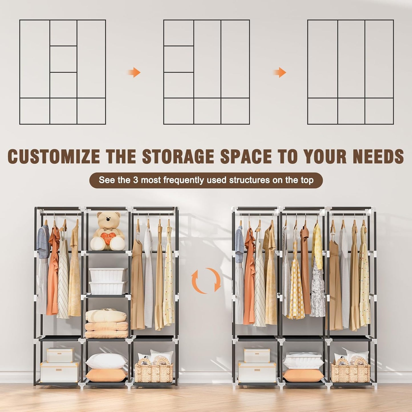 Portable Wardrobe Closet for Hanging Clothes, Free Standing Rack with Cover, 3 Hanging Rods, 6 Storage Shelves, 2 Side