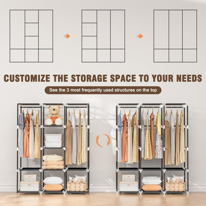 Portable Wardrobe Closet for Hanging Clothes, Free Standing Rack with Cover, 3 Hanging Rods, 6 Storage Shelves, 2 Side