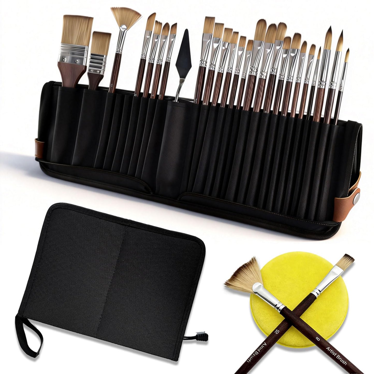 Paint Brush Holder Case for Artists with 27Pcs Paint Brushes,Brush Organizer with Standing Paint Brushes Set with Round Flat Fan Filbert Cat Tongue Dagger Palette Knife Travel Paintbrush Storage Bag