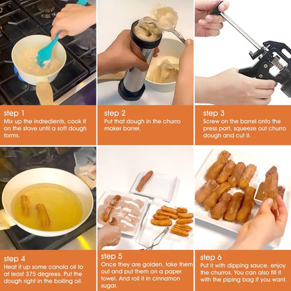Churro Maker Machine, 21-Piece Stainless Steel Churro Gun Kit, Churros Maker Gun, Cookie Press Set, Hollow Churro, Spritz Cookie Press Gun with Piping Bag, Filler, 6 Tips, 9 Discs, 2 Brushes