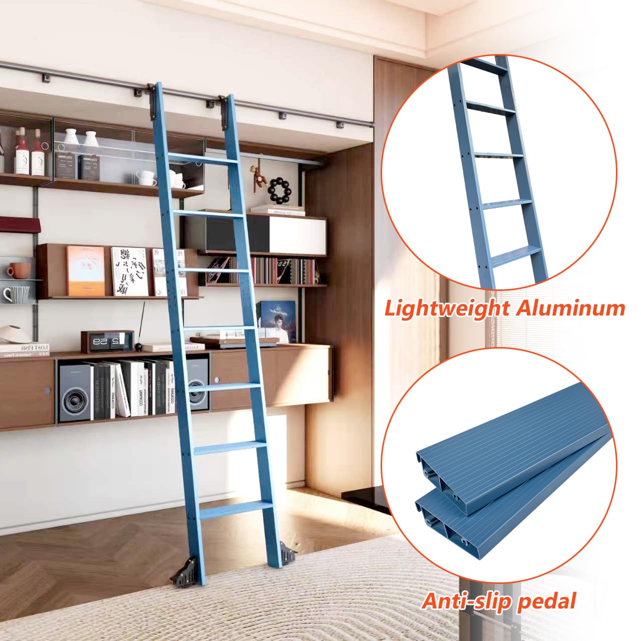 DIYHD 96" Sliding Library Ladder with 8 Steps, Telescopic Top Hook, Lightweight Rolling Ladder with Upright Space-Saving Storage, Kit with 4FT Sliding Rail, Bottom Rollers, 300lbs Capacity, Blue